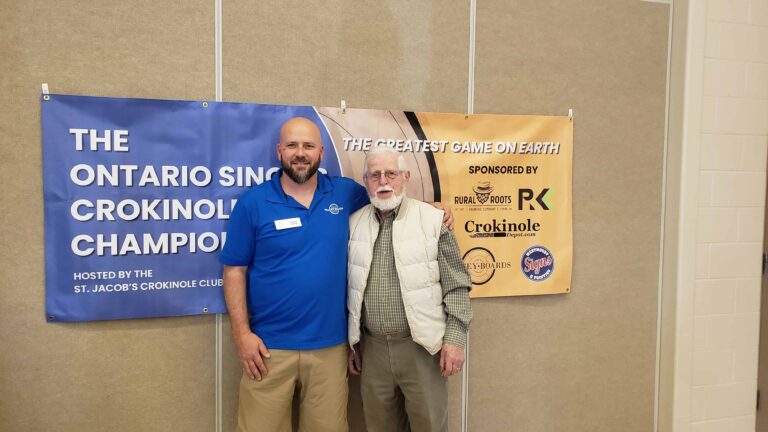 Crokinole board builders Willard Martin and Jeremy Tracey at the Ontario singles crokinole championships in Elmira Ontario