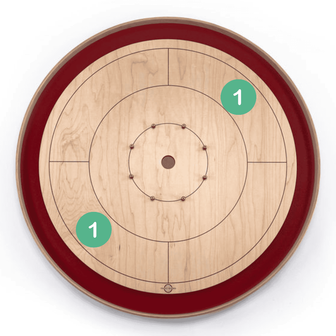 Tracey Crokinole Board with Ones in the bottom left and top right quadrants