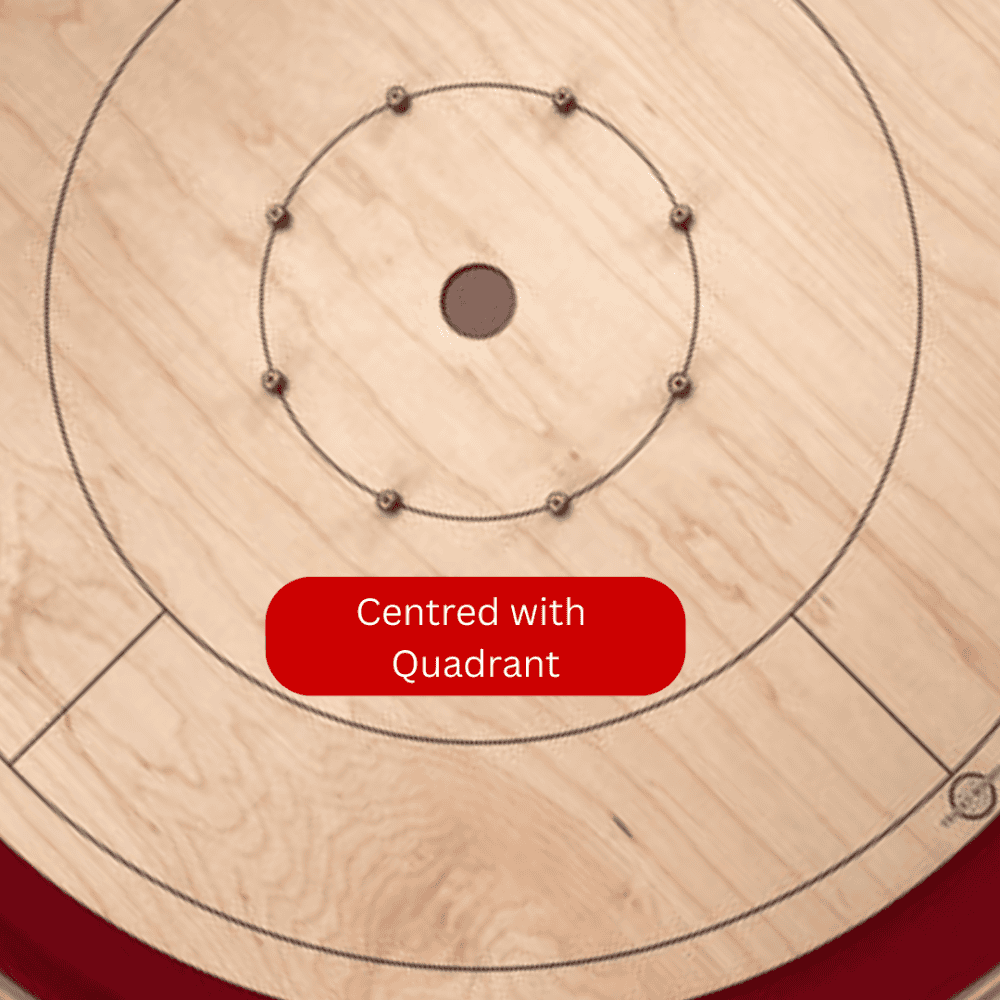 A close up of A Tracey Crokinole Board and logo centred with the quadrant