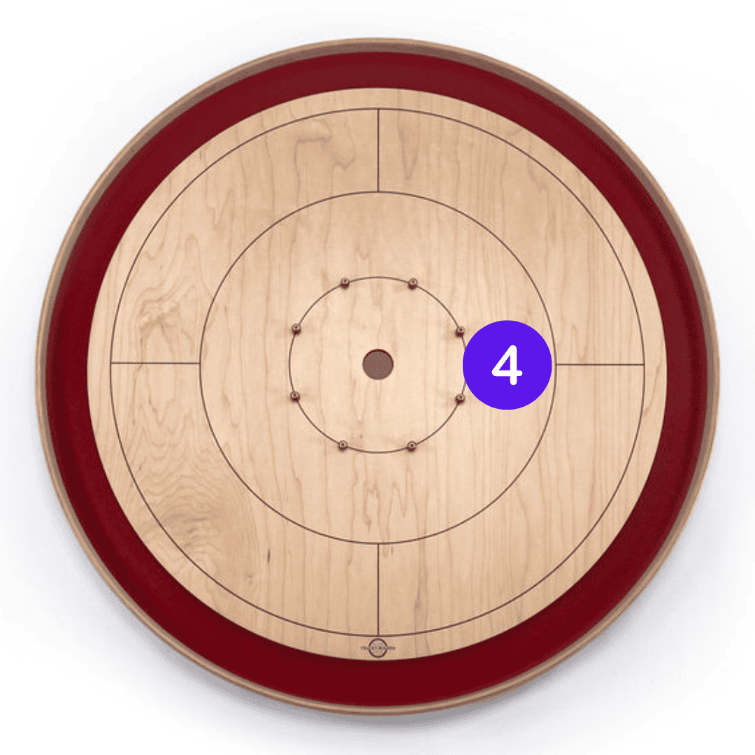 A Tracey Crokinole Board with a 4 in the 10 region, centred with the right quadrant boundary line